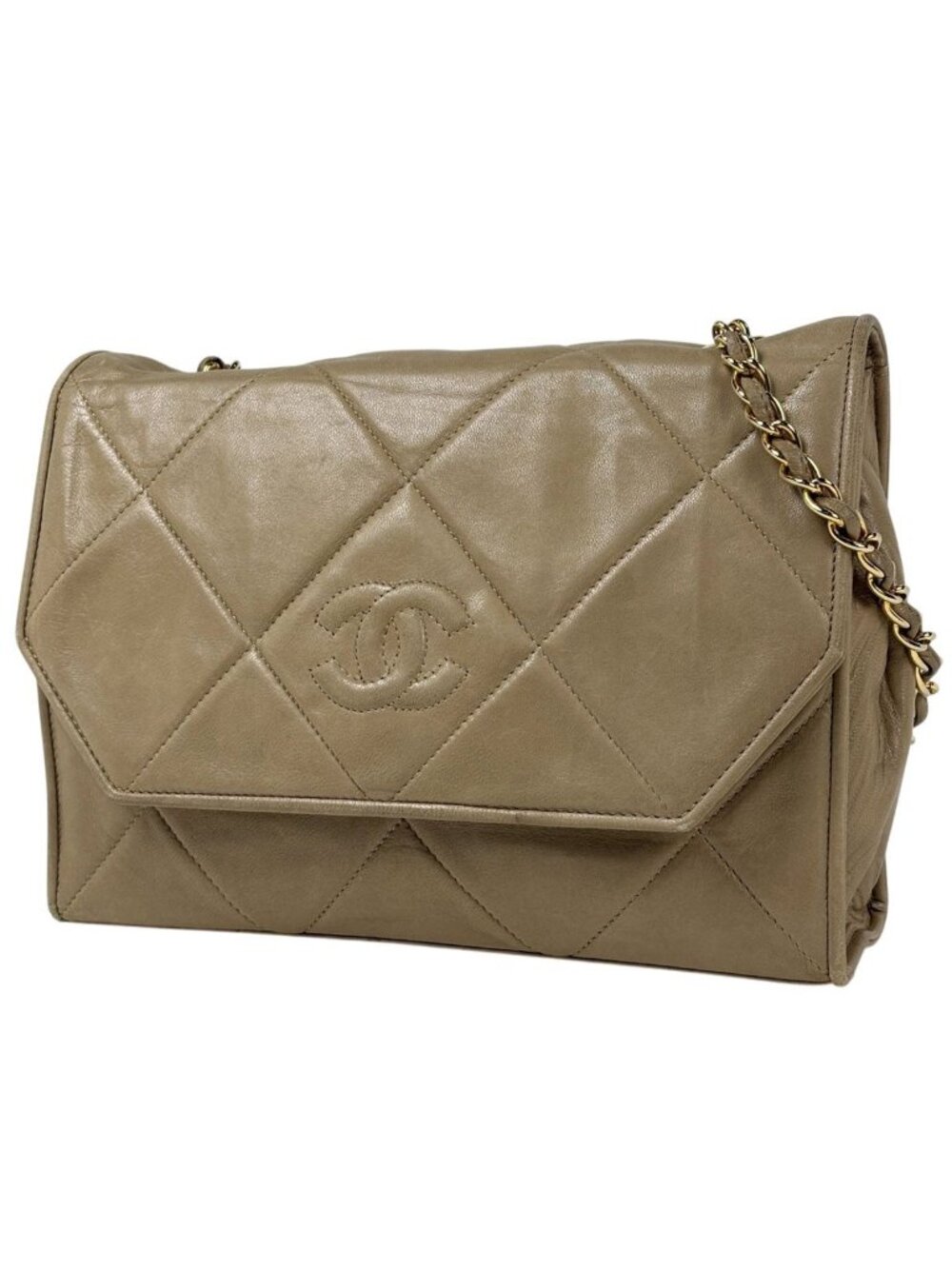 Chanel CC Logo Chain Shoulder Bag Quilted Leather Beige